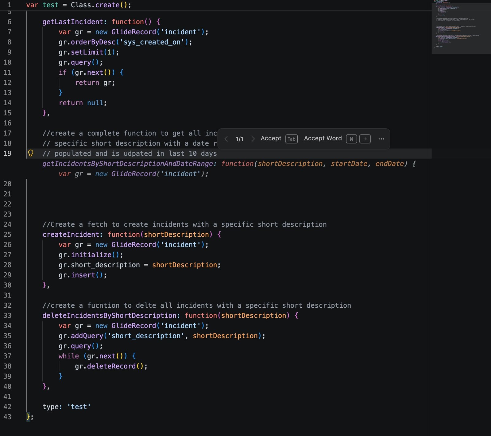 VS Code editor showing intelligent inline code completion for ServiceNow GlideRecord scripts with Accept and Accept Word options