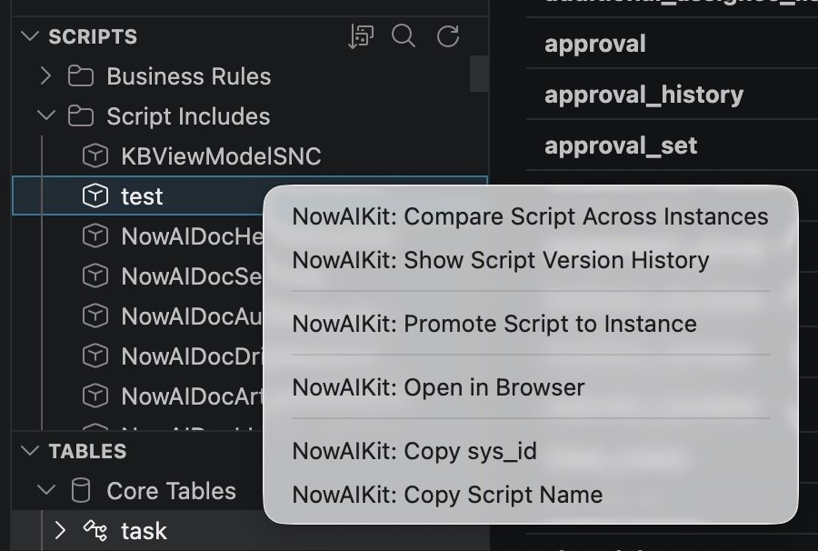 Right-click context menu on a script showing NowAIKit commands: Compare Script Across Instances, Show Script Version History, Promote Script to Instance, Open in Browser, Copy sys_id, Copy Script Name