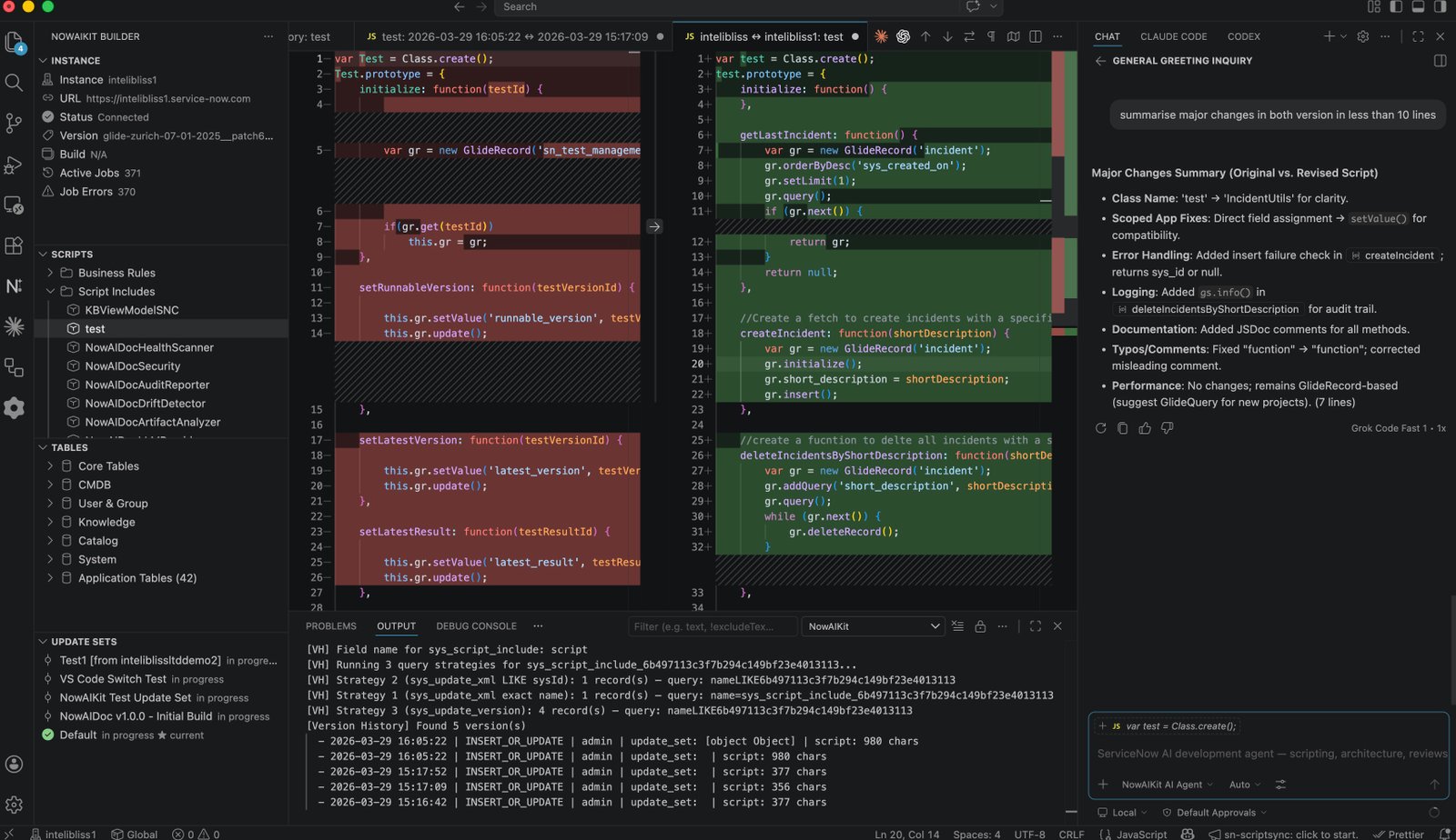 Side-by-side diff view comparing two versions of a ServiceNow script with AI-powered change summary in the Copilot chat panel