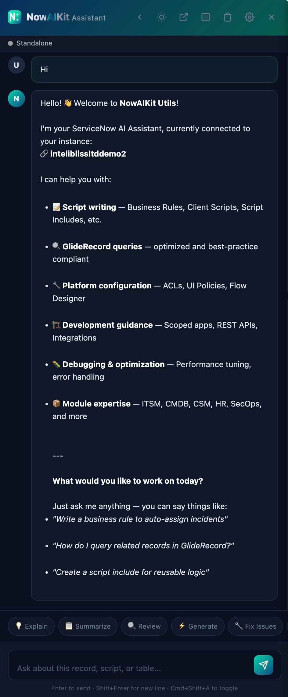 NowAIKit Utils AI Assistant, context-aware AI chat with quick actions