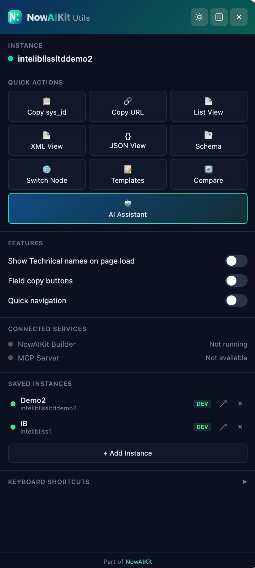 NowAIKit Utils Main Panel, command center with quick actions and feature toggles